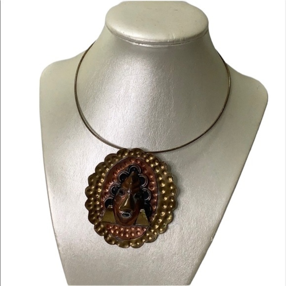 VGT Aztec Hand crafted Hammered Mexican mask choker necklace mixed metals Mayan